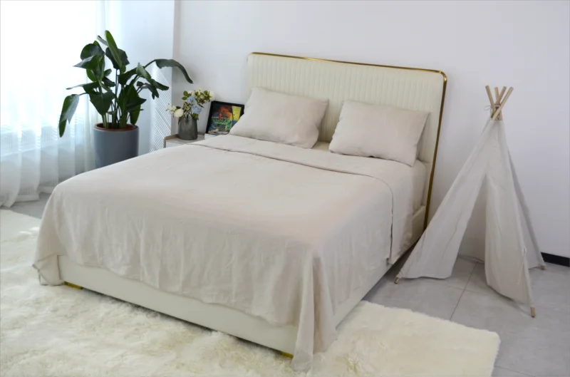 Queen Size 100% French Linen Fabric 4 Pieces Sheet Set Soft Skin Friendly Luxury Bed Sheet Stone Washed