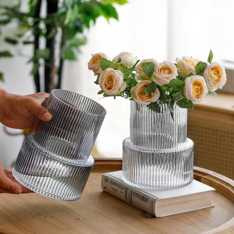 High Quality Nordic Vertical Stripe Clear Grey Glass Vase Tabletop Decoration