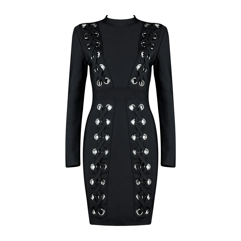 2022 new fashion long-sleeved dress sexy hollow bag hip skirt buckle metal buckle corn eye bandage dresses