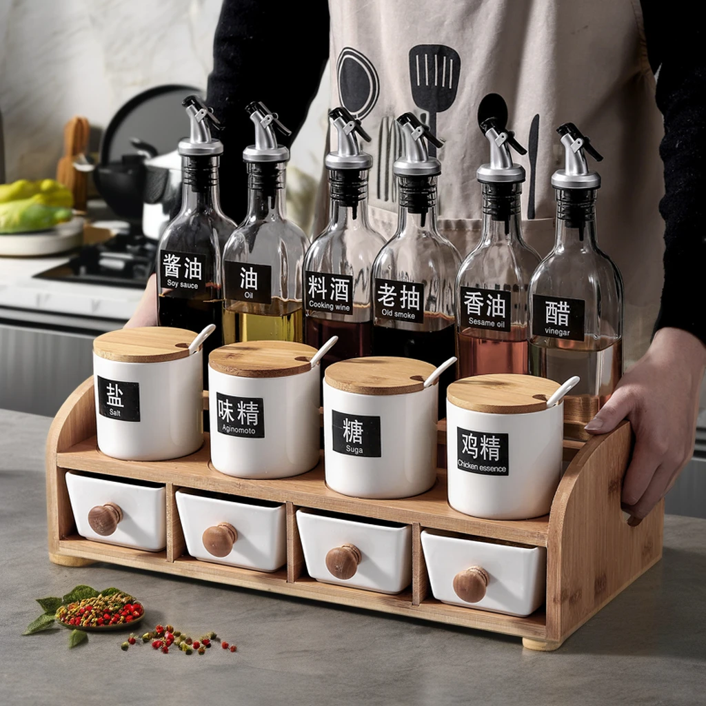 Custom Kitchen Spice Rack with Double Tiers Wooden Stove Shelf for Household Spice Bottle Storage