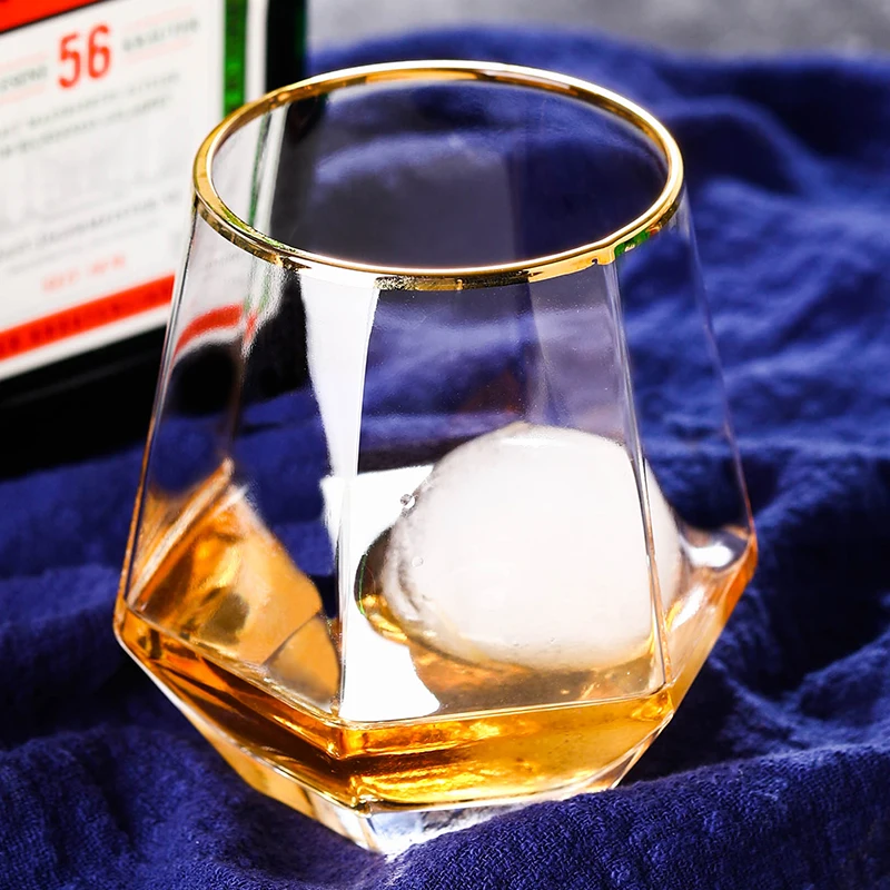
New Diamond Shaped whiskey glass cup Crystal Glass Whisky Cup with gold rim rocks glasses 