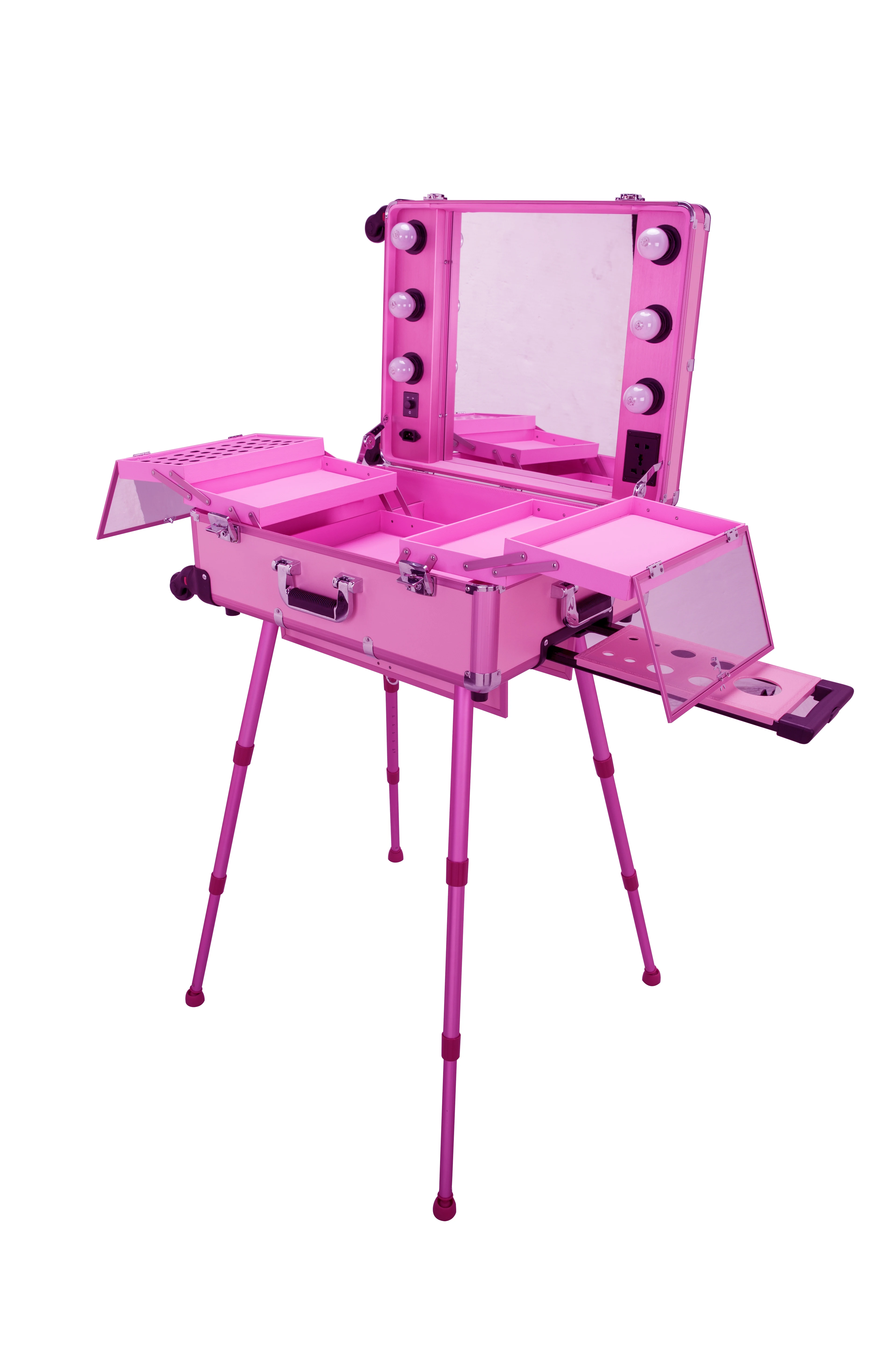 Rolling Studio Makeup Show Train Case Cosmetic w/Light Leg Mirror Wheeled Pro