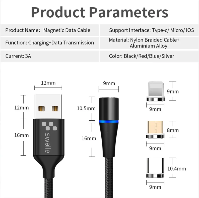
360 Rotation Data Transfer 5A Quick Fast Magnetic Charging Cable For Micro USB Phone Magnet Charger Wire 