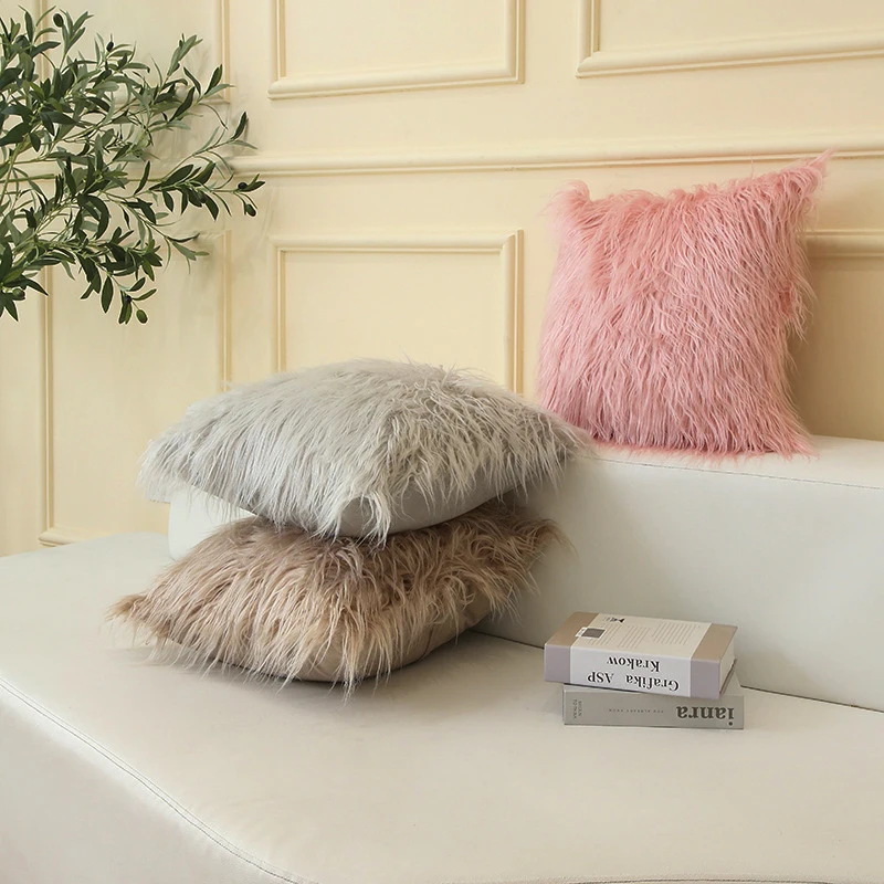 Amity Home Decorative Sofa Long Faux Fur Throw Pillow Cover Solid Color Soft Mongolian Fur Pillow Cushion Cases