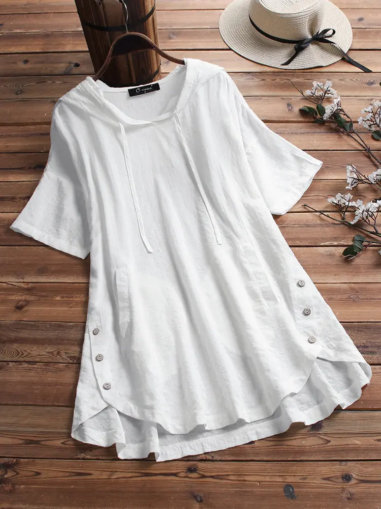 Round Neck Cotton Linen Blouse Women Plus Size Loose Short Sleeve Long Blouses Top Female Irregular Hem Shirt Blouse