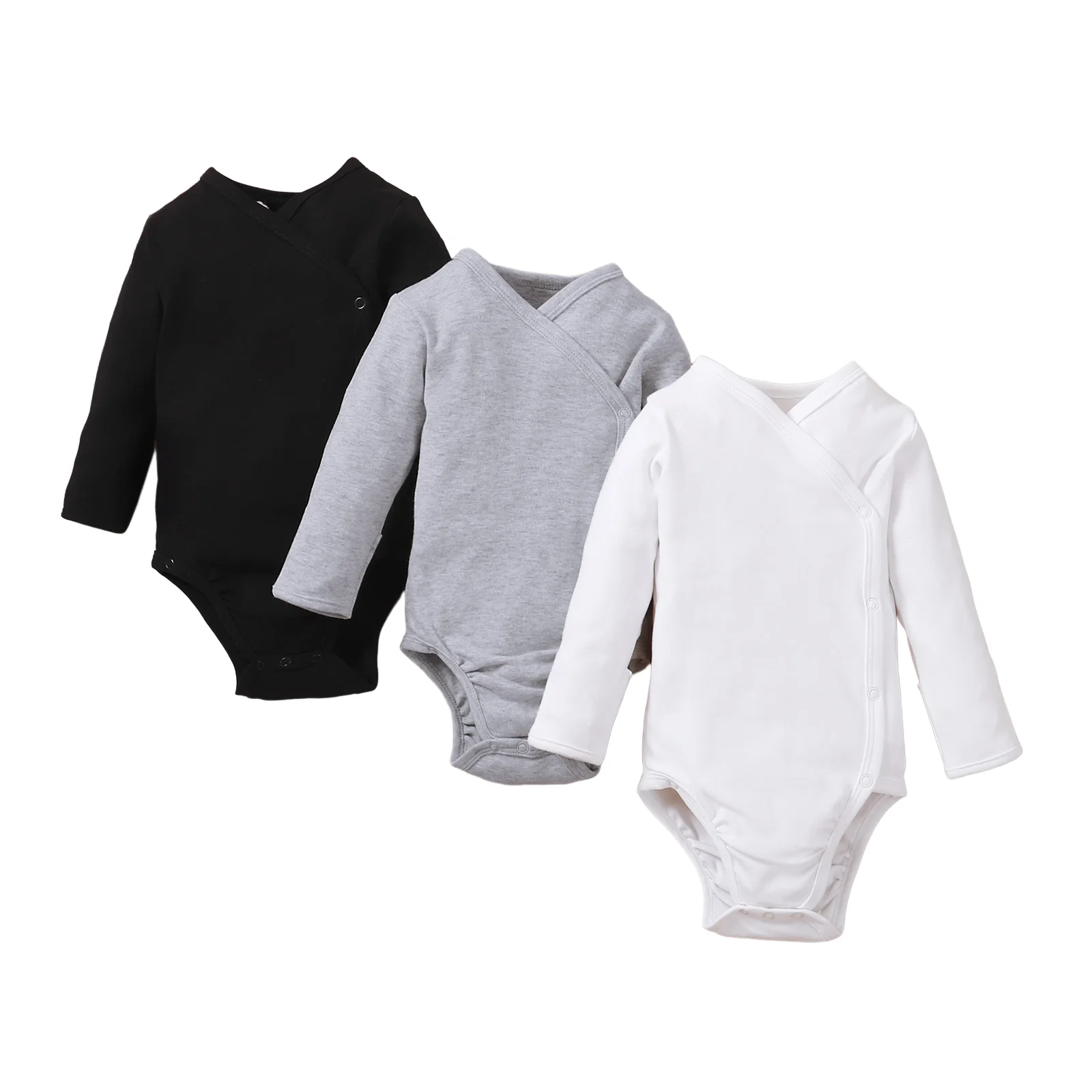 Custom Newborn Organic Cotton Baby Clothing Unisex Solid Color Kimono Onsie Long Sleeve rompers Plain Baby Clothes