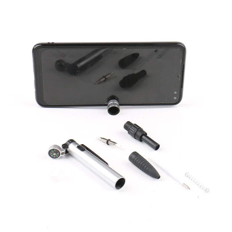 High Quality Custom Light and Compass Personalized Logo 6 in 1 Multi functional pen Holder Multipurpose Tactics Pen with Stylus