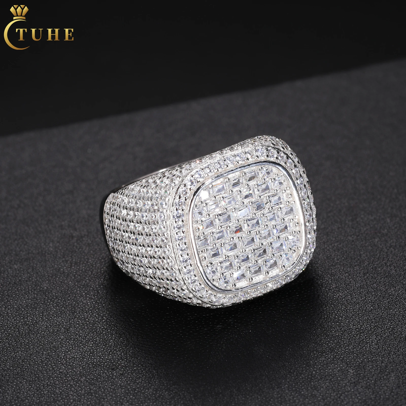 GRA Certificate 18K Gold Plated 925 Sterling Silver VVS Baguette Moissanite Diamond Iced Out Signet Ring Hip Hop Jewelry For Men