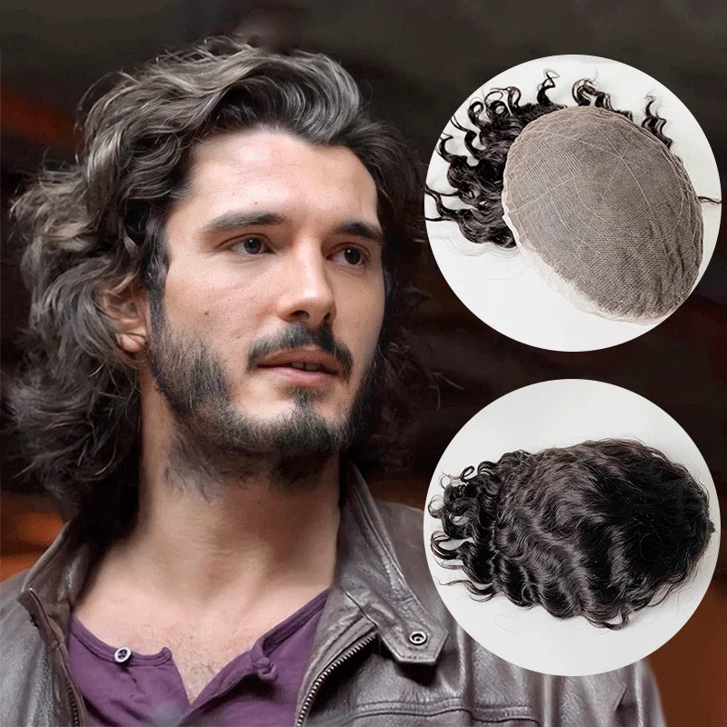 Customized real Remy Human Hair 110% density 1b 8x10 14 inch curly full hand made lace base Replacement System toupee for men