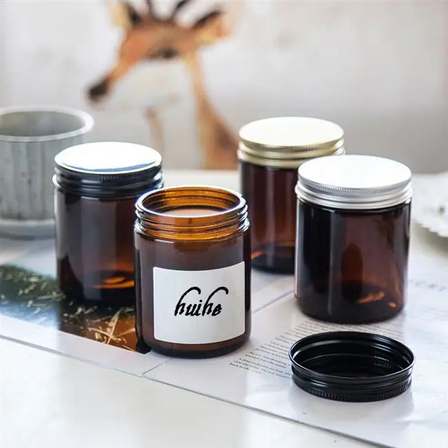 8oz 250ml Metal Lid Empty Wide Mouth Cylinder Amber Glass Candle Jars With Box