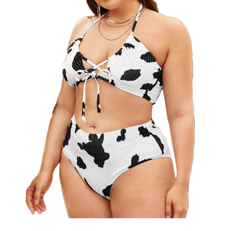 New Design Big Size Beachwear Sexy Animal Print Halter Bikini Swimsuit Plus Size Swimwear For Fat Women