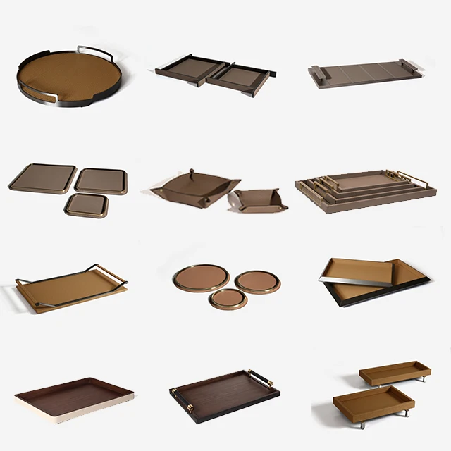 Customized factory direct sales design style leather metal wooden tray home decor luxury service tray