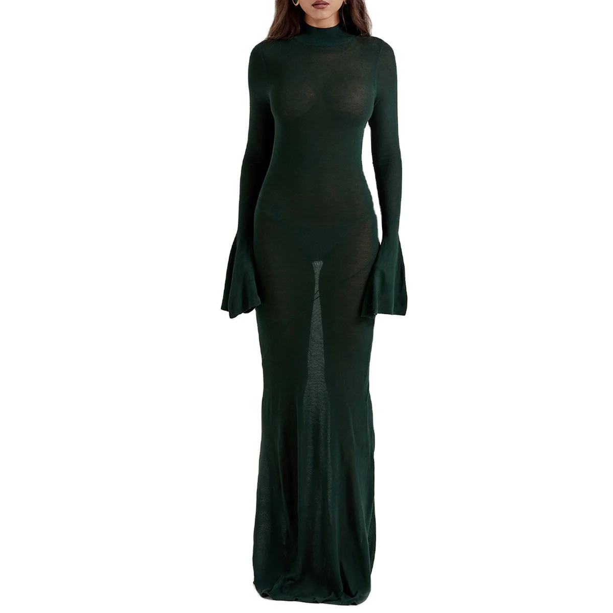 Eco-Friendly Forest Green Knit Maxi Dress Sustainable Fashion Piece Organic Materials Trendy Look Custom Dresses