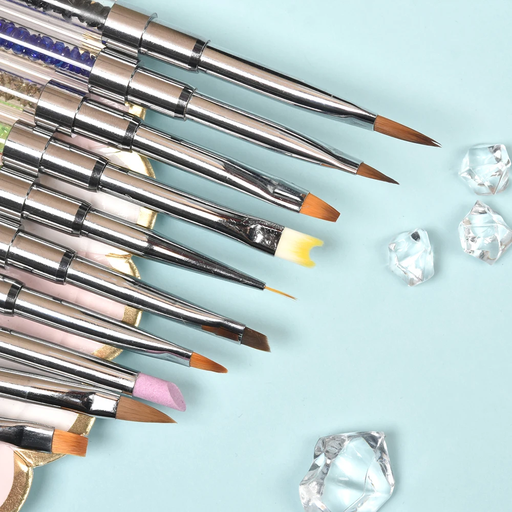 KADS Hot Sell Custom Logo Rhinestones Kolinsky Acrylic Marble Brushes Flower Painting UV GEL Nail Art Brush Set Manicure Tool