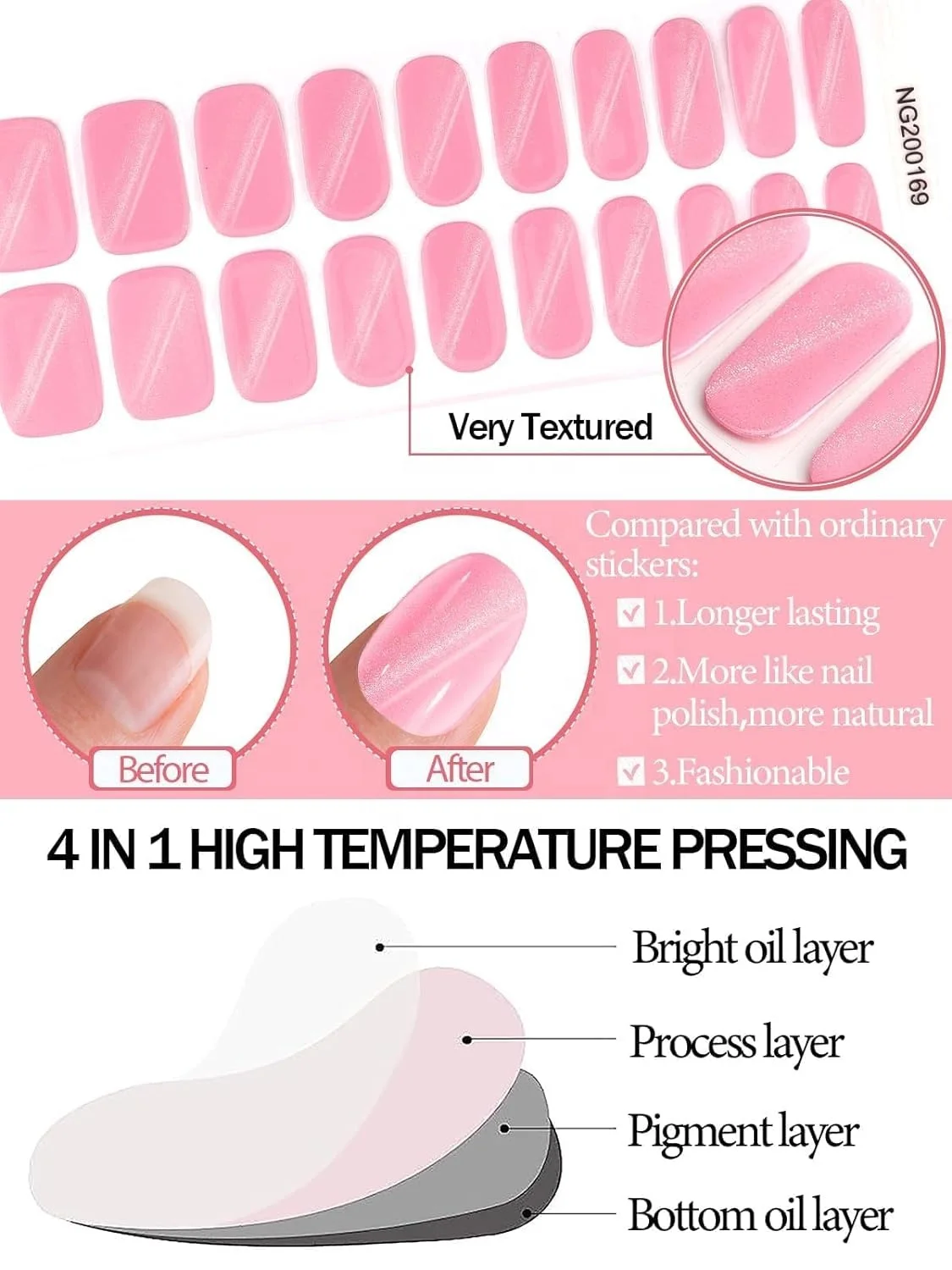 Pink Gel Nail Strips, Cat Eye Pink Full Wrap Gel Nail Polish Sticker, Magnetic Nail Wrap Brighter and Long Lasting Salon Quality