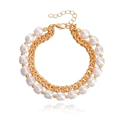 Factory Wholesale Double Layer Retro Wild Baroque Pearl Bracelet Hip Hop Thick Chain Cuban Chain Bracelet Women Jewelry