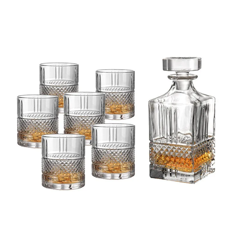 Square whisky glass decanter set embossed diamond crystal whiskey glasses vodka liquor whisky decanter wholesales