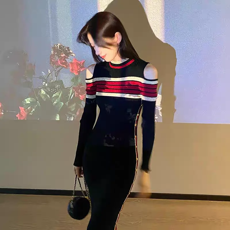Striped Slim Slit Trendy New Knit Midi Dresses Long Sleeve Women Elegant Sexy Dress