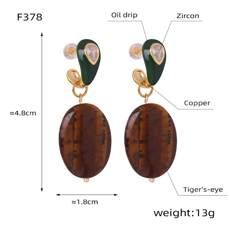 European and American retro copper natural tiger eye stone pendant inlaid with zircon enamel colored glaze earrings jewelry
