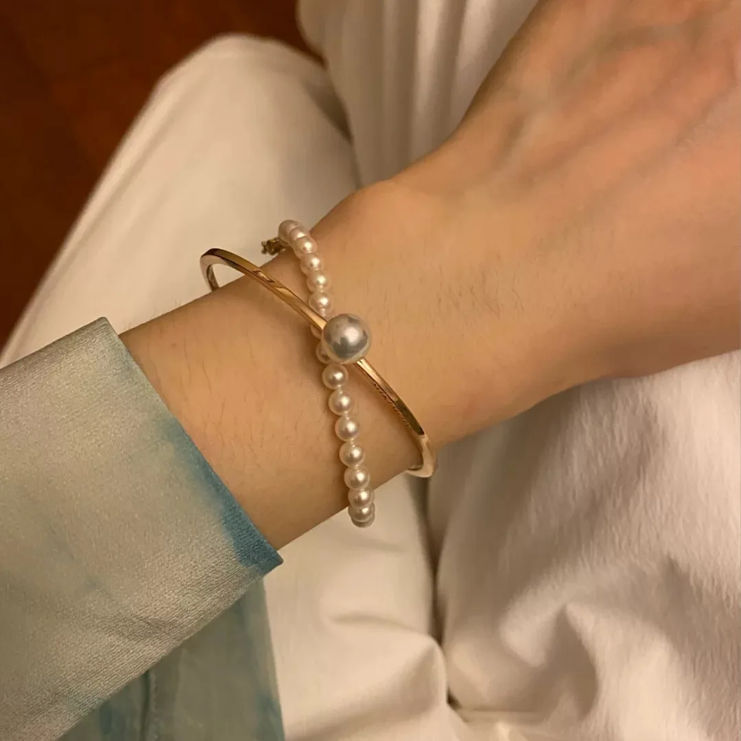 Korean Simple Style Gold Plated White Pearl Cuff Bangle For Women Girls Adjustable Pearl Open Bangle Bracelet