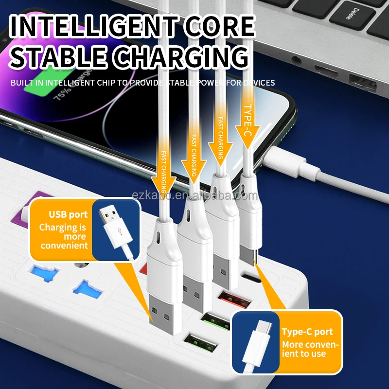EZKABO Maunfactury Multiple Electrical Extension Socket 5 Way 3 USB 1 Type C Power Socket For Sale