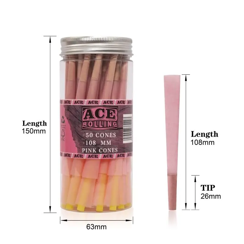 Oem Order Slow Burning 108Mm Rolling Paper Smoking Custom 100% Organic Arabic Gum Pink Hemp Pre Rolled Cone