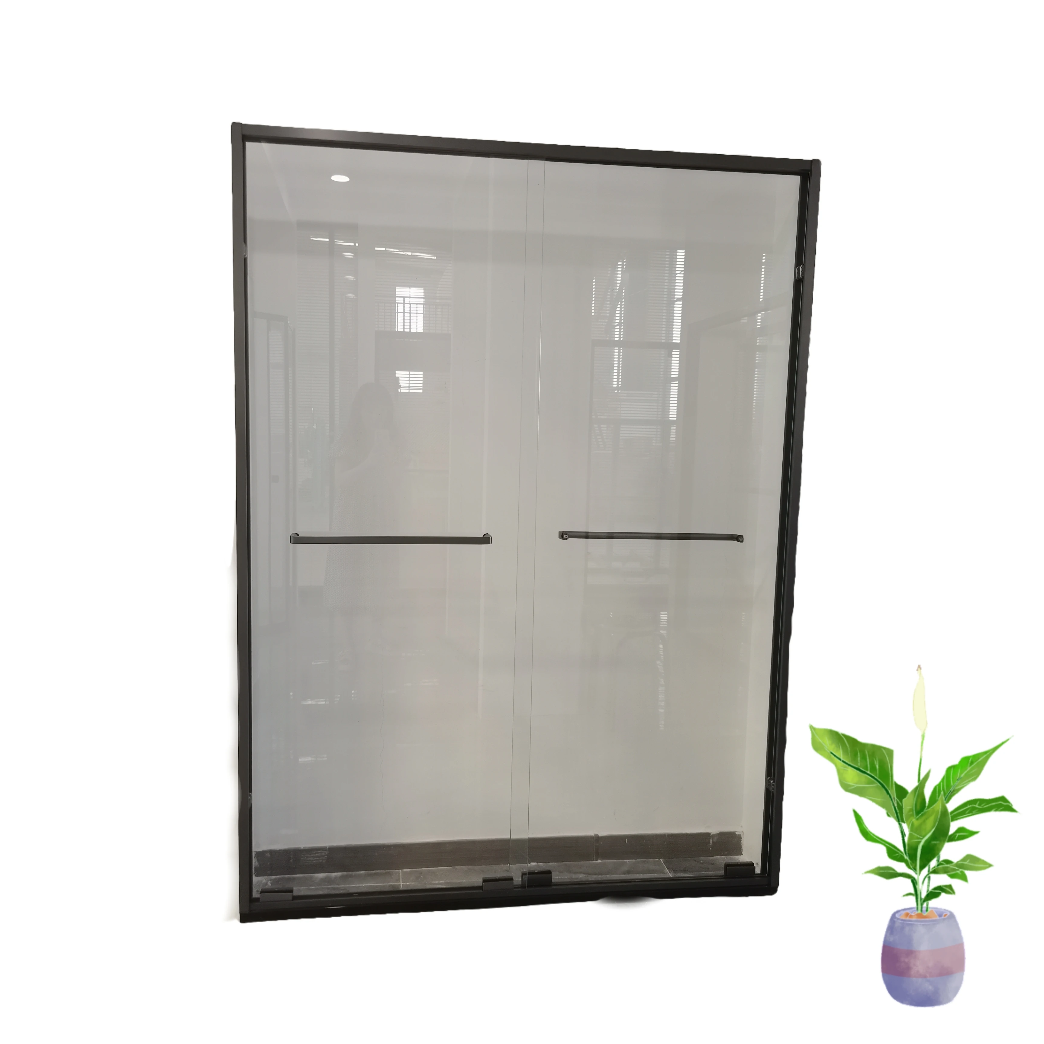Gun grey stainless steel frame double tempered fiberglass set sliding shower door