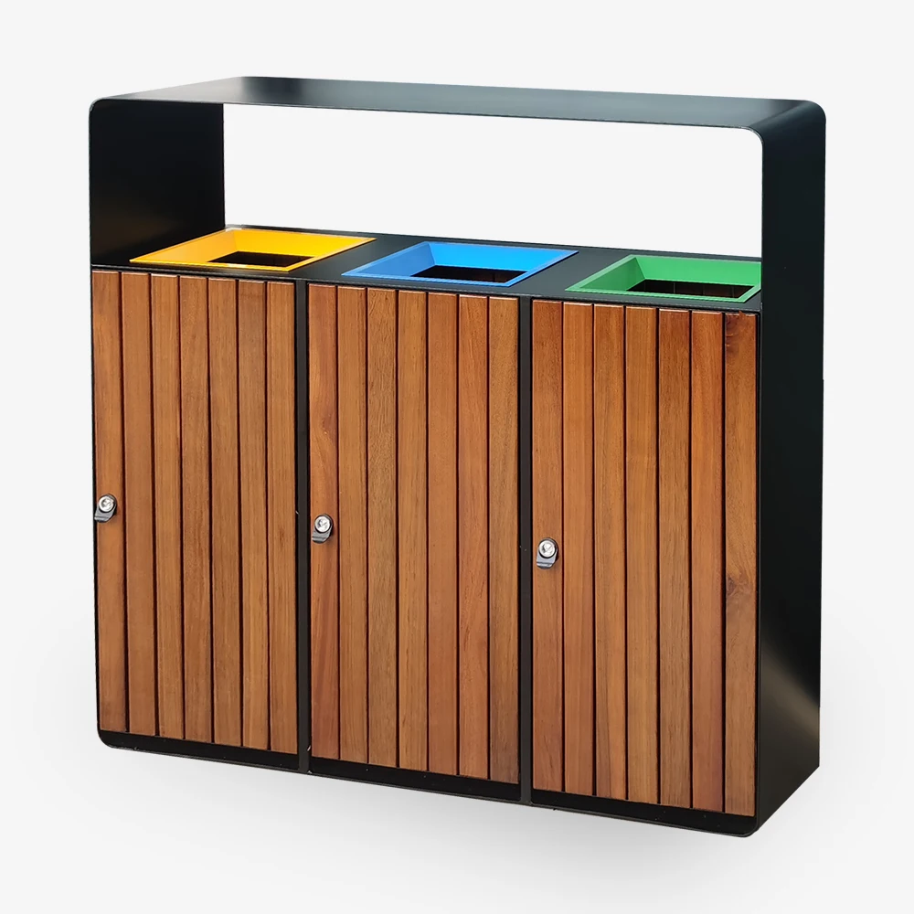Commercial Outdoor Trash Can Bin 60L Rectangular Wood Nature Lid Plastic Stainless Colorful Open Mouth Design Storage