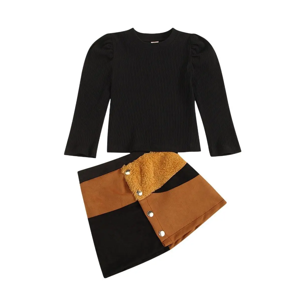 CMMD8011 Wholesale Fashion Kids Girls Long Sleeve Knit Pullover Patchwork A-Line Skirts Set Children 2 piece Outfits