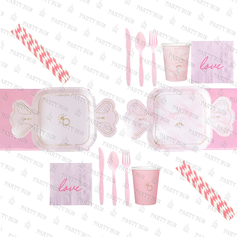 PARTYBUS Pink Marble Series Party Paper Plate Ring Candy Diamond Disposable Pink Wedding Dinnerware Set For Celebrating  Wedding