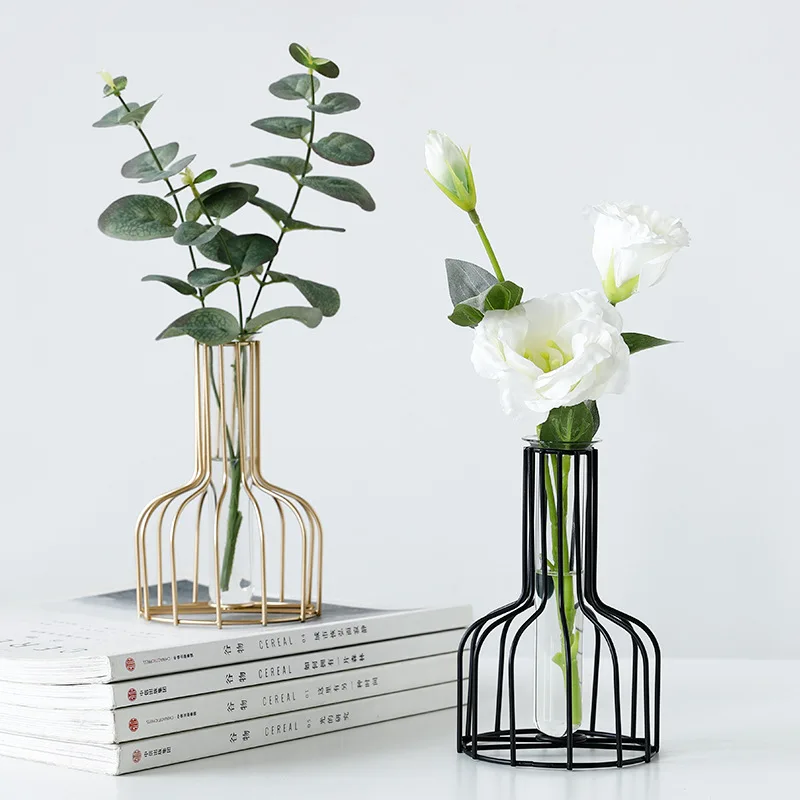 Hot Sale Wholesale Home Decor Gold Black Metal Frame Wrought Iron Flower Glass Vase Decoratieve Metal Wire Flower Vase