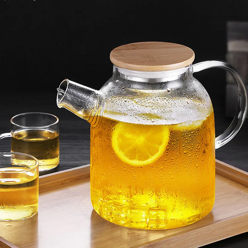 Large Size Handmade Glass Teapot With Bamboo Lid With Handle