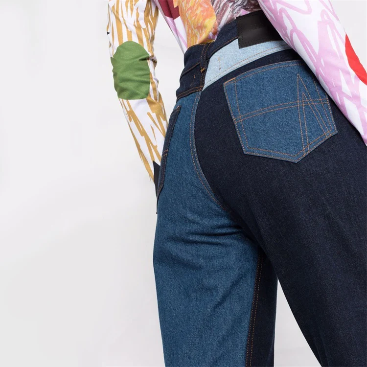 DiZNEW	OEM patched denim colorful color block slim fit women patchwork denim jeans