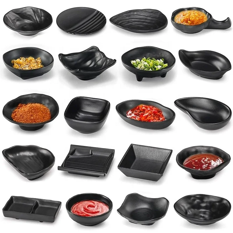 Wholesale Japanese Tableware Appetizer Bowl Melamine Sauce Dish Rectangle Food Plate Melamine Dinnerware Black