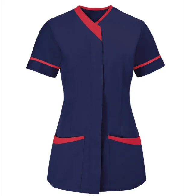 60 % Polyester 40% Cotton cleaner Contrast Trim Cleaning Tunic hotel staff working short sleeve scrubs