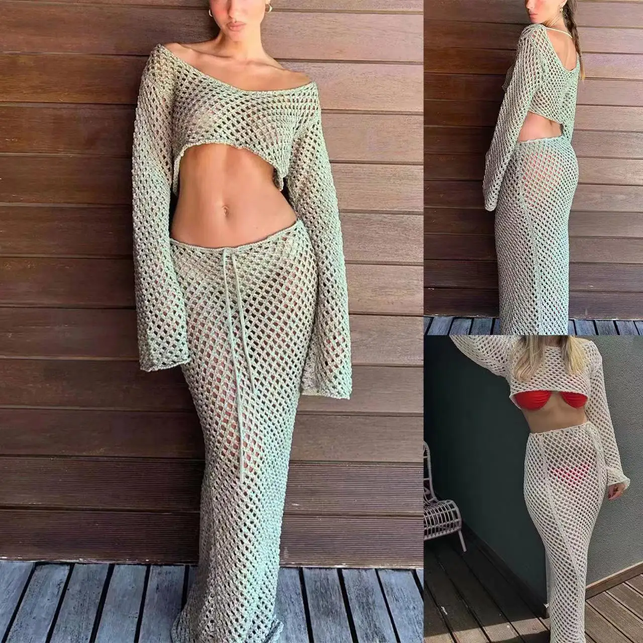STOCK New Backless Sexy Two Colors Crochet Set For Women Long Sleeve Top Knit Summer Beach Skirt Swimwear Cover Up Bikinis