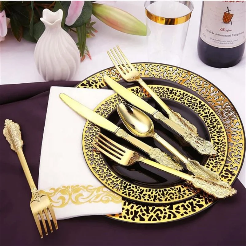 Gold Plastic Silverware Disposable Gold Rose Gold Forks Spoons and Knives, Elegant Plastic