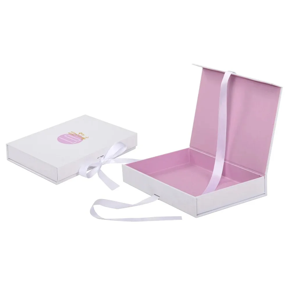 custom logo thin pink clothes magnetic closure gift packaging box with ribbon short folding box for Garments