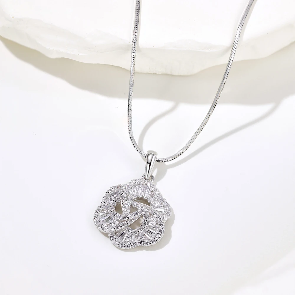 Dylam Stylish 925 Sterling Silver Rhodium Plated Snake Chain 5A Cubic Zircon Infinity Flower Pendant Necklace Jewelry for Women