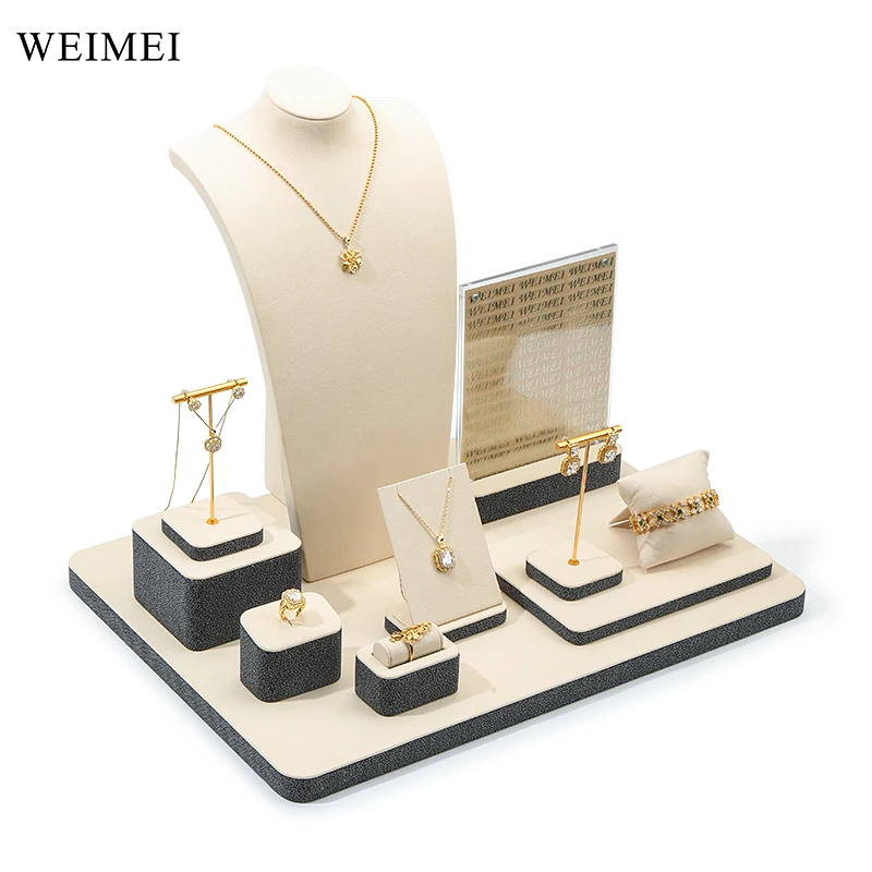 WEIMEI golden microfiber Beige jewelry display props jewelry stand set necklace ring display display stand