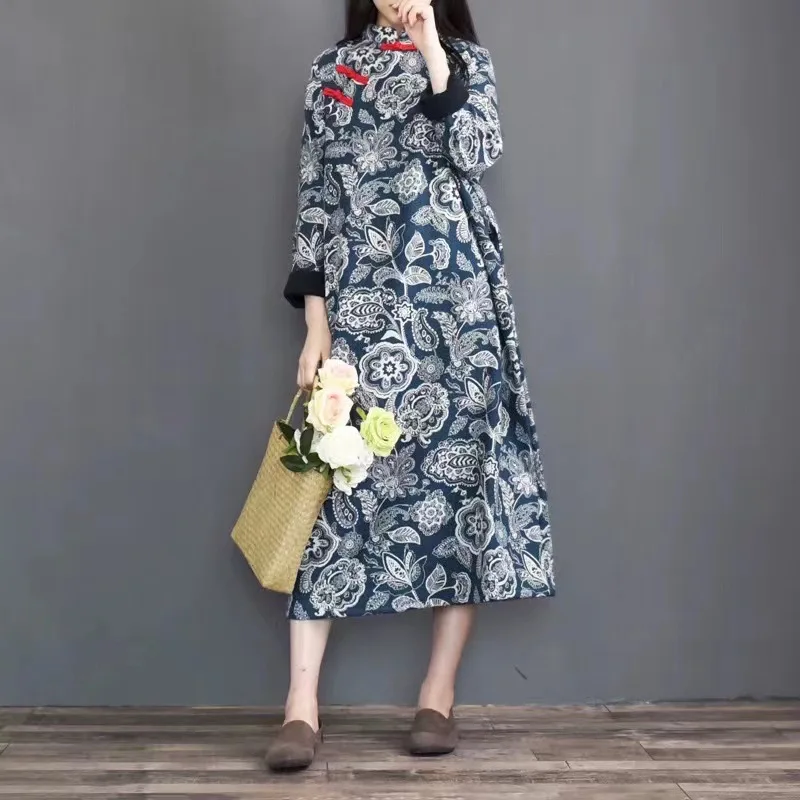 Custom Chinese Casual Autumn Winter Loose A-Line Stand Neck Long Sleeve Maxi Linen Cotton Flower Print Dress Woman With Buttons