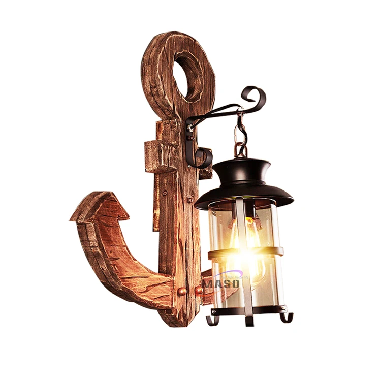 Fancy Vintage Rural Industrial Wooden LED Wall lamp Anchor Shaped Light For Bar Decoration