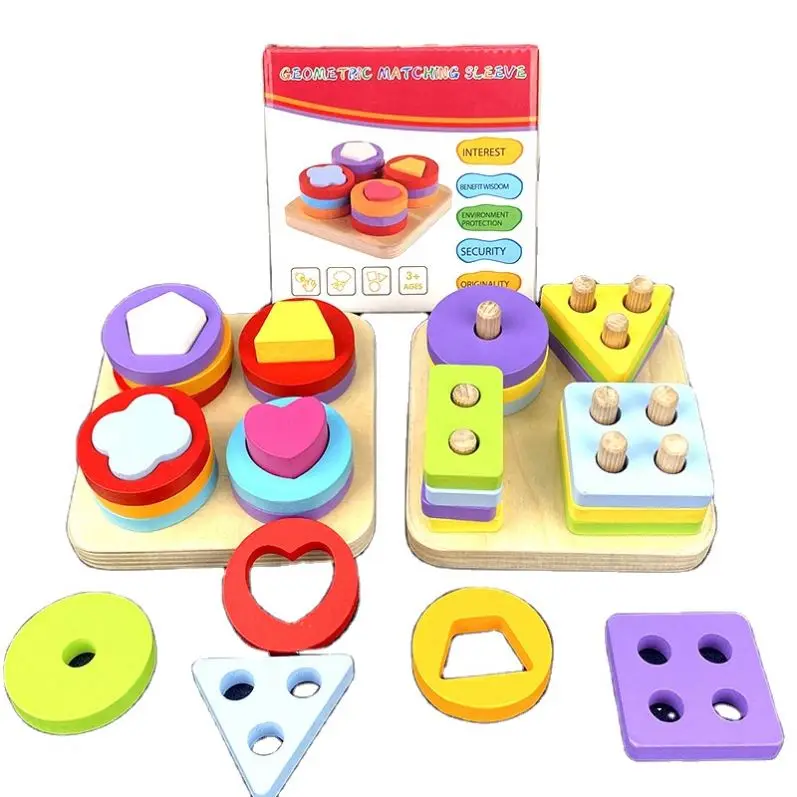 Factory Price Toddler Wooden Blocks Toy Geometric Shape Matching Column Kids Wooden Montessori Educational Toy