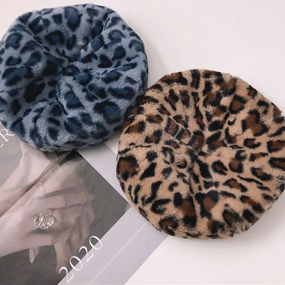 Wholesale New Cheap Winter High Quality Fashion Trend Leopard Point Acrylic Faux Rex Rabbit Fur Beret