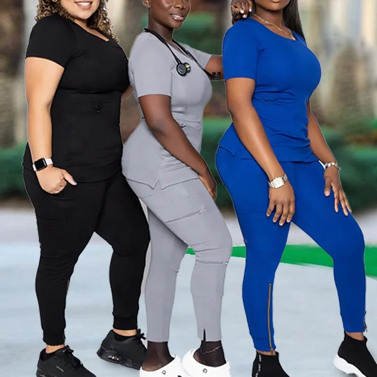 Fashionable Design Zipper Front Hospital Uniforms Medical Scrub Nurses Uniforms Scrubs Sets