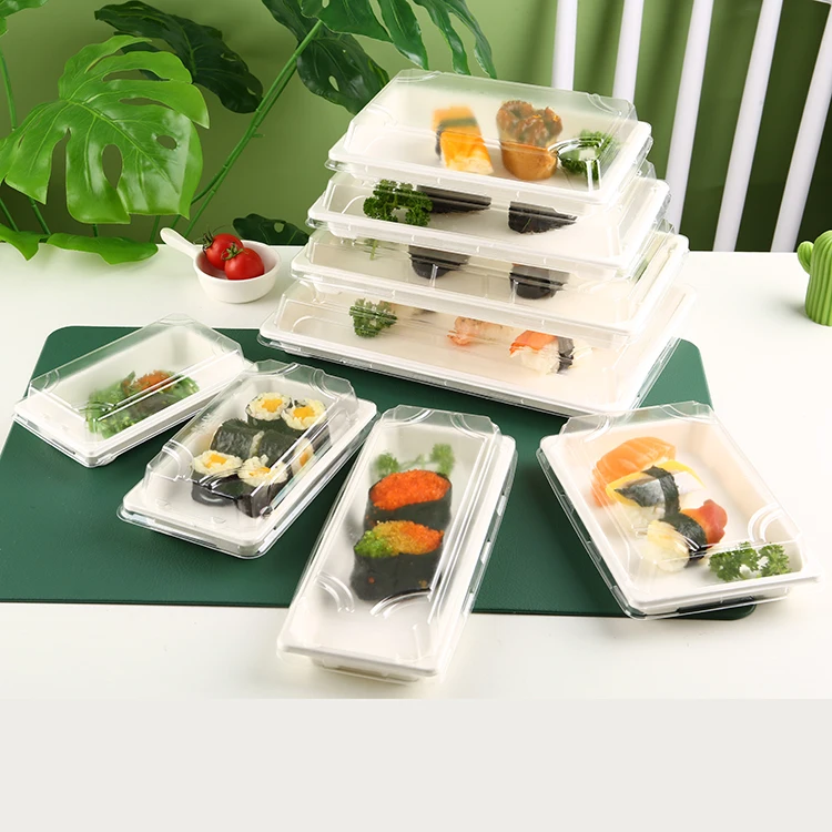 High Quality Sushi Boxes Sugarcane Material Disposable Food Plate Transparent Lid Food Preservation Tray