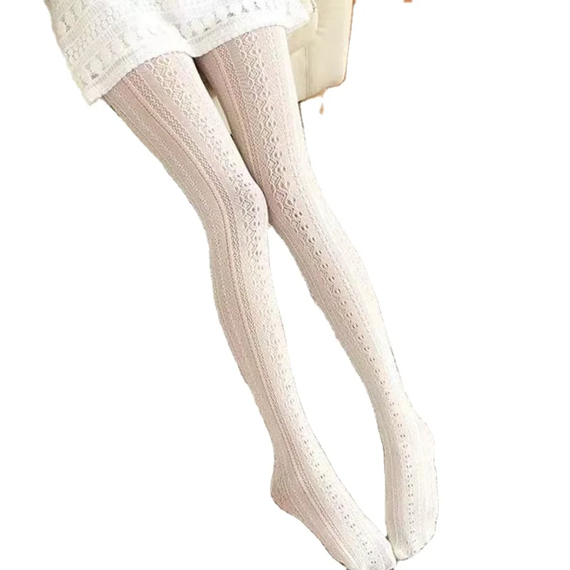 Customized Knitted Patterned Girls Hollow Lace Pantyhose Tights Vintage Veet Lolita Socks White Black