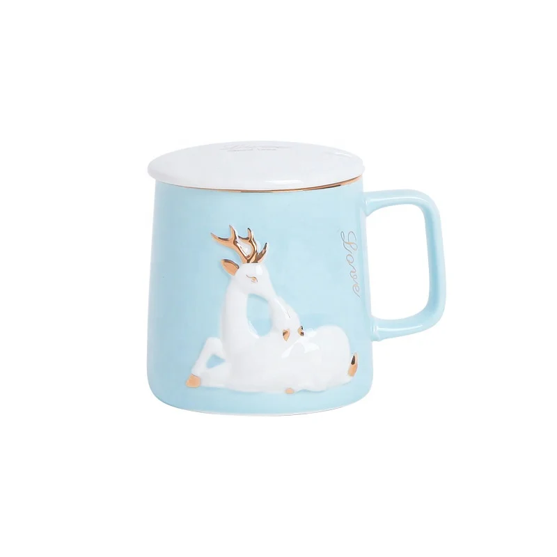 creative deer embossed  ceramic mugs with lid for coffee tea milk cup nice gift