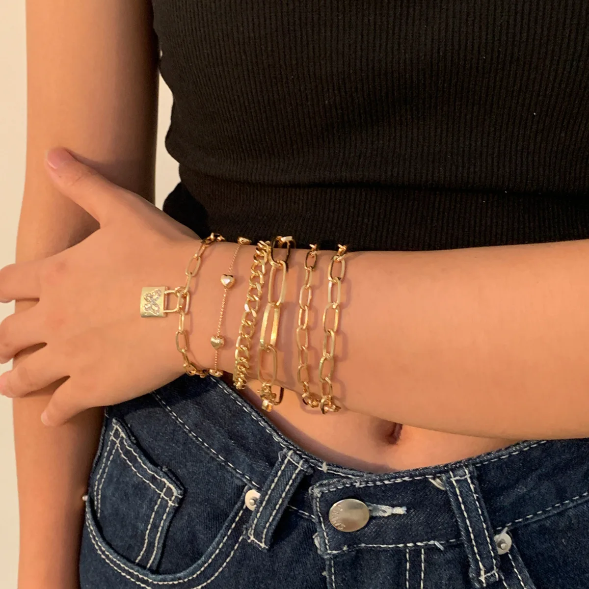  Golden Lucky Multilayer Handmade Peach Heart Cross Chain Inlaid With Diamond Butterfly Lock Bracelet Set