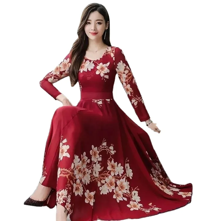 Wholesale  Girls Summer Bohemia Long Sleeve Printing Midi O-Neck Casual Beach Holiday   Womens Dresses